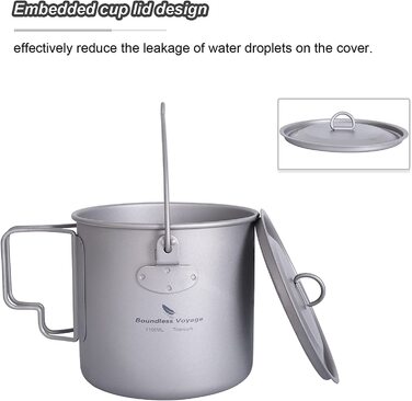 iBasingo Titanovyj Top Camping, Чашка для приготування їжі 750/900/1100/1250 мл, Легкий посуд з кришкою та складною ручкою, для пікніків, туризму, виживання