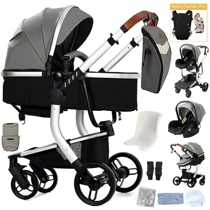 Дитяча коляска 3 в 1 Kinderwagen, 0-4 роки, компактна та складна, з автокріслом, аксесуари (сірий, 3 в 1-L518)