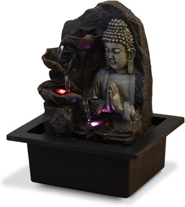 Джерело Zen'Light Zimmerbrunnen з Буддою та LED-підсвіткою - Сучасна декор для медитації та релаксації, Фен-Шуй, 26 см, горіх