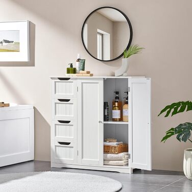 Шафа для ванної кімнати Yaheetech з 4 висувними ящиками та 2 дверцятами, тумбочка для ванної кімнати, шафа для підлоги, з регульованою полицею, для ванної кімнати, вітальні, коридору, кухні, білий, 81 × 30 × 83 см