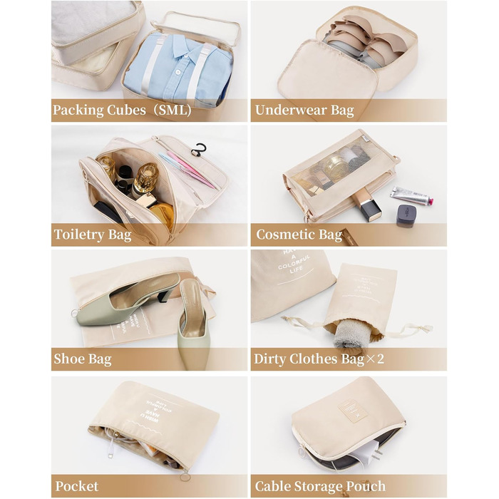 Набір органайзерів для подорожей Anjing (11 предметів), водонепроникні пакувальні куби для валізи, навігаційні органайзери для одягу, темно-синій/бежевий
