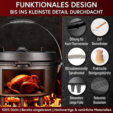 Набір голландської печі: чавунний казанок 7 літрів (3-6 осіб) з ніжками, подвійна функція, кришка-підйомник, щітка та кулінарна книга Dutch Oven. 30 років гарантії.
