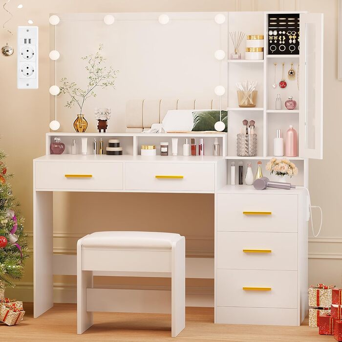 Великий туалетний столик ANWBROAD з LED-підсвічуванням (3 кольори) та розетками, білий, з дзеркалом та пуфом, 5 ящиків, скляні дверцята, 140x115x40 см, BDT68W