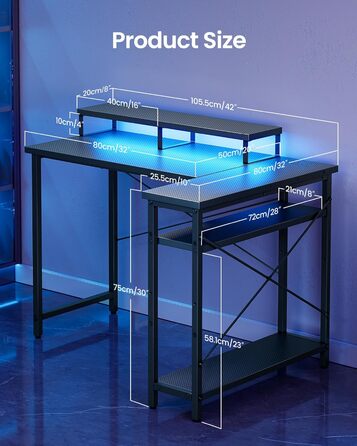 КубіКубі L-подібний кутовий стіл 105x80 см з LED підсвіткою та розетками, чорний. Стіл для ігор, навчання, офісу, з підставкою для монітора.