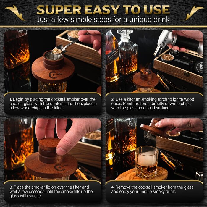Набір для копчення коктейлів з ліхтариком: Раух-Ей для віскі та бурбон. Набір для копчення напоїв з коробкою, трісками та аксесуарами.