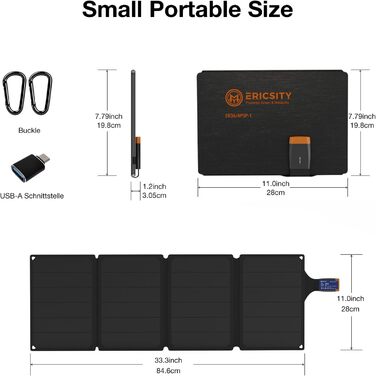 Сонячна панель Ericsity Сонячний зарядний пристрій для телефону USB Сонячна панель портативна для кемпінгу Складна сонячна панель з виходом швидкої зарядки USB-C та матеріалом поверхні ETFE (36 Вт)