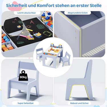 Дитячий стіл та комплект стільців Mamizо з місцем для зберігання, блакитний. Підходить для дитячої кімнати, школи, дитячого садка, від 3 років.
