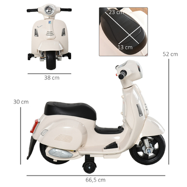 Дитячий електричний мотоцикл HOMCOM VESPA, 18-36 місяців, 3 км/год, LED світло та звук, PP пластик та метал, білий, 66.5x38x52см