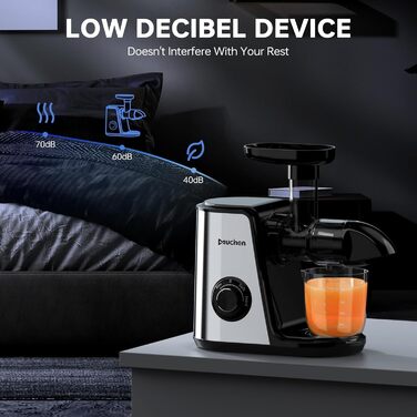 Соковитискач Muchen Slow Juicer: тиха робота, подрібнення назад, легке очищення, нержавіюча сталь, чорний та срібний, з кулінарною книгою (одноканальний)