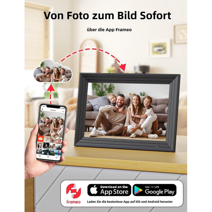 Цифровий фоторамка Frameo з Wi-Fi, 10.1 дюйма, 32GB, IPS сенсорний екран, HD 1280x800, автоматичне обертання, для фото та відео