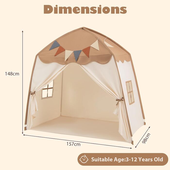 Дитяче намет-будиночок HOMASIS для гри в приміщенні, з 20 зірками, 12 стрічками, килимком, 2 вікнами та шторами, для дівчаток та хлопчиків (колір: коричневий)