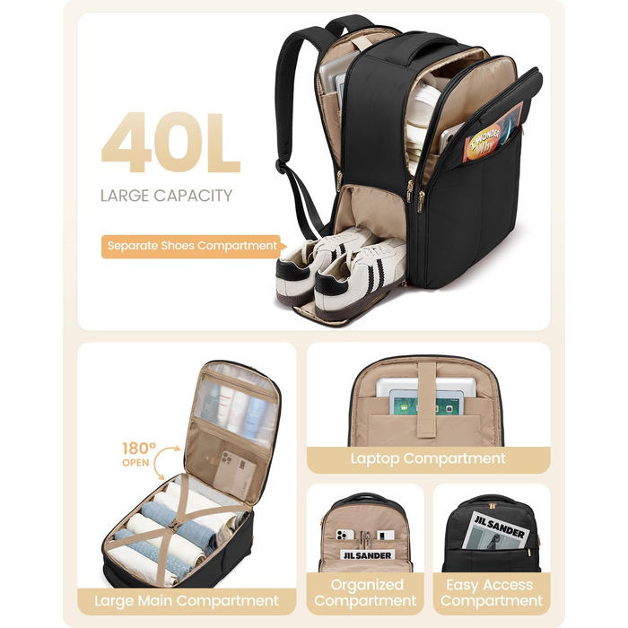 LOVEVOOK Рюкзак для ручної поклажі, 40L, для подорожей, з відділенням для взуття та ноутбука 17 дюймів, водонепроникний, для жінок