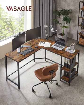 Письмовий стіл, L-подібний комп'ютерний стіл, 138 x 138 x 76 см, кутовий стіл з 2 полицями, компактний офісний стіл, ігровий, домашній офіс, легка збірка, вінтажний коричнево-чорний LWD72 шт. Сільський коричневий чорний