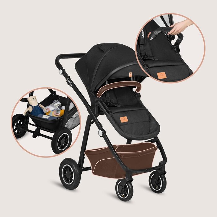 Дитяча коляска Lionelo Bianka 3 в 1: люлька, автокрісло, прогулянкова, до 22 кг, чорний онікс
