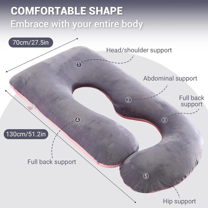 Подушка для вагітних BBWELL U-подібної форми, 80x120x180 см, сіро-рожева