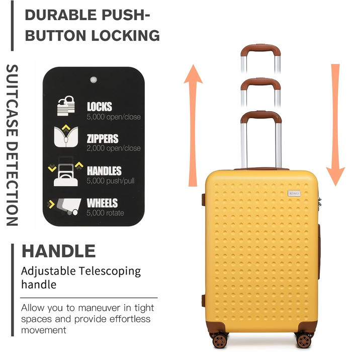 Валіза-тележка KONO з жорстким корпусом, 76x50x31 см, білий (жовтий, S 57x40 см)