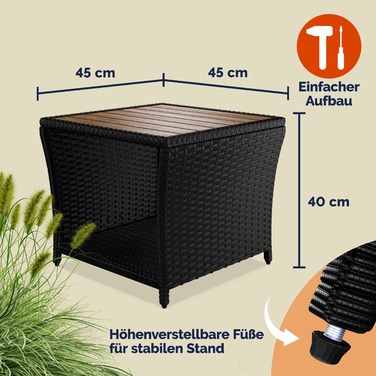 Розкладний столик з ротангу Polyrattan, чорного кольору, розміром 40x45x45 см з акційним деревом.