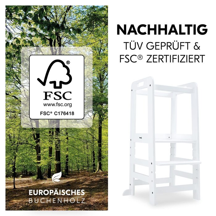 Hauck Learn N Explore: навчальний стілець для дітей з FSC® сертифікованого буку, регульована висота, стабільний та міцний, Montessori, від 1 року, для кухні, столу, ванної кімнати (білий)