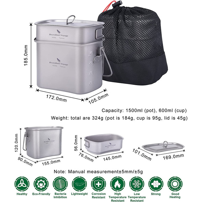 Набір посуду iBasingo Titan Kantine 1500ml/600ml для кемпінгу та відпочинку на природі (Ti2059C)