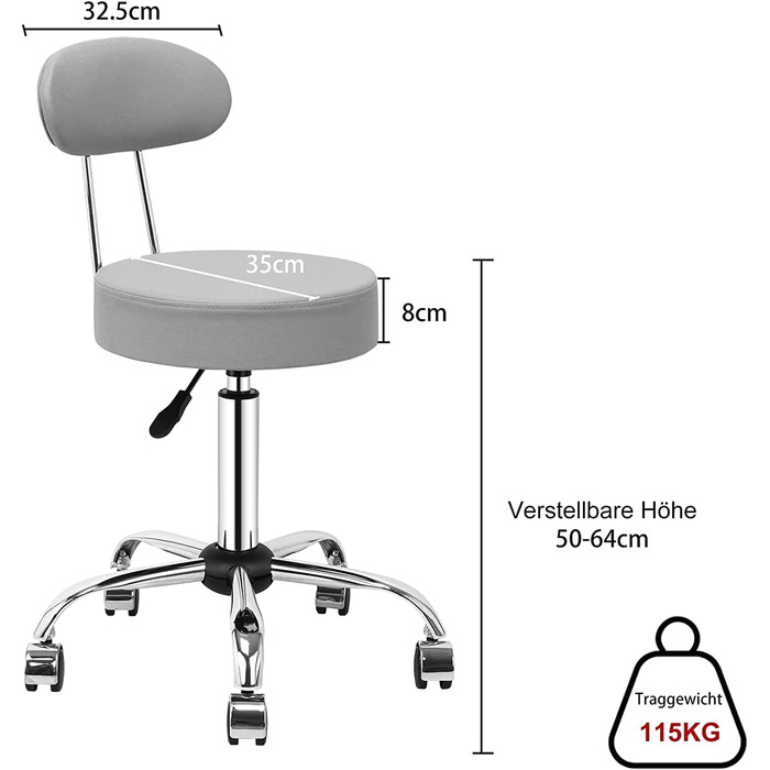 Стілець на коліщатках зі спинкою робочий стілець з регульованою висотою 50-64 см обертовий стілець барний стілець стілець на коліщатках з сидінням, обтягнутим штучною шкірою обертається на 360 обертовий стілець для манікюрного салону Фотостудія клініка (с