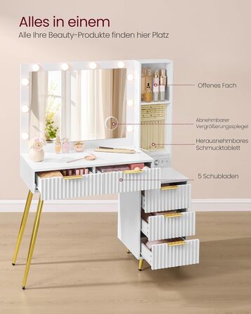 Дзеркальний туалетний столик VASAGLE з пуфом та 10x збільшенням, LED-підсвічуванням, ящиками та станцією для зарядки, 40 x 110 x 135 см, білий