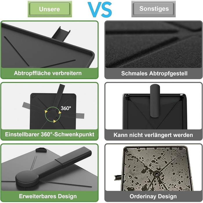 Сушарка для посуду ROTTOGOON розширювана, чорна: складана стійка з нержавіючої сталі, зливний жолоб та відділення для столових приборів