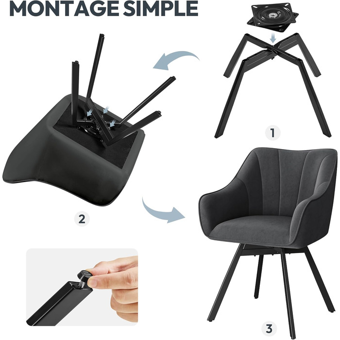 Крісло Yaheetech для кухні/їдальні/вітальні, обертається на 360°, з підлокітниками та металевими ніжками, темно-сірий (2 шт.)