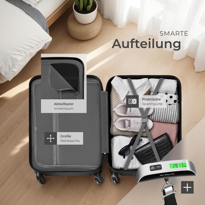 Набір валіз Tectake 4шт: S, M, L, XL з ABS пластику, з колесами, телескопічним ручками та замками. В комплекті вагова шалька та аксесуари для валіз. Чорний колір.