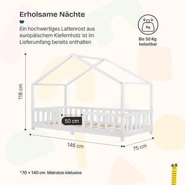Дитяче ліжко en.casa Treviolo з матрацом 70x140 см, будиночок, дерево, Montessori, з бар'єром, ламелі, сосна, білий