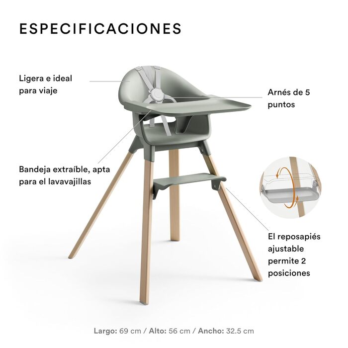 Дитячий стільчик Stokke Clikk Glacier Green з підносом та ременем безпеки – ергономічний, регульований, для дітей 6-36 місяців
