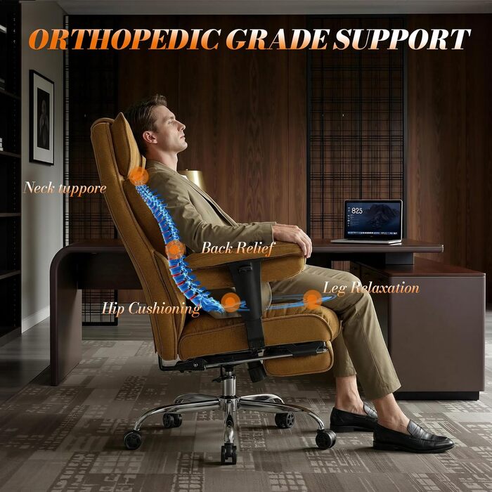 Ергономічний офісний крісло Efomao XXL до 200 кг, жовтий: з підставкою для ніг, висока спинка, товста м'яка оббивка для дому та офісу