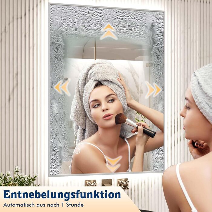 LED дзеркало для ванної кімнати 60x80 см з підсвічуванням, сенсорне, регулювання яскравості, 3 кольори світла, проти запотівання, водонепроникне IP44, горизонтальне/вертикальне