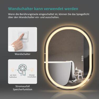 Дзеркало для ванної кімнати EMKE з підсвічуванням 80x60 см, сенсорне управління, антизапар, 3 кольори світла, регулювання яскравості, функція пам'яті, енергозберігаюче, овальне дзеркало