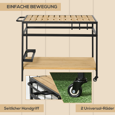 Промисловий візок з міцною конструкцією, стійкий до погодних умов, з 3 гачками та 1 полицею, розміри 107 см x 65 см x 80 см, чорний + натуральний колір.