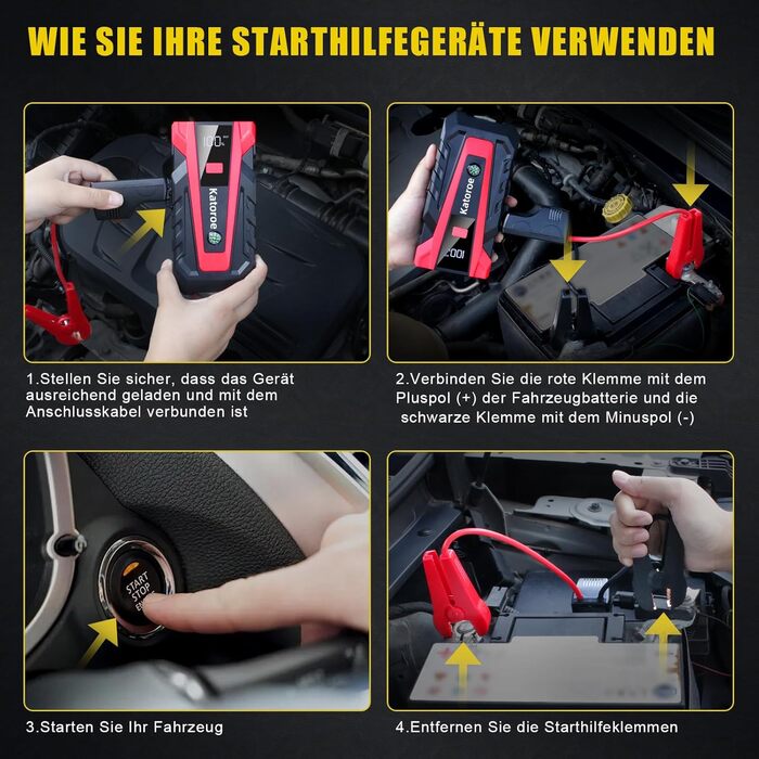 Powerbank Starthilfe 4000A: Зарядний пристрій для автомобіля, SUV та мотоцикла з LED ліхтариком. Підходить для бензинових двигунів до 9.0L та дизельних до 7.0L.