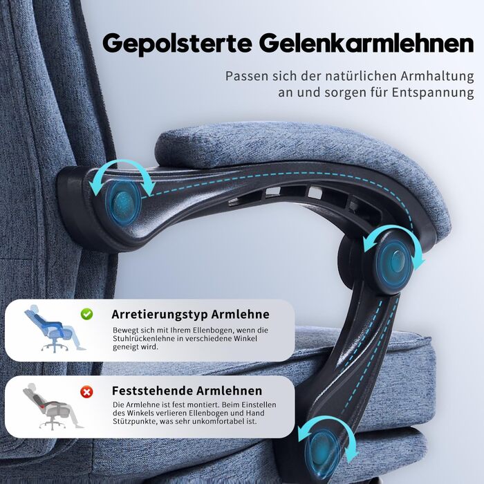 Ергономічне крісло для офісу, комп'ютерне крісло для начальника з регульованою спинкою 90-135° та підніжкою, сіре, тканина, 150 кг