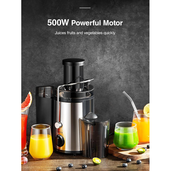Соковитискач Reemix для овочів та фруктів, професійний з нержавіючої сталі, 500W, 3 швидкості (Чорний)