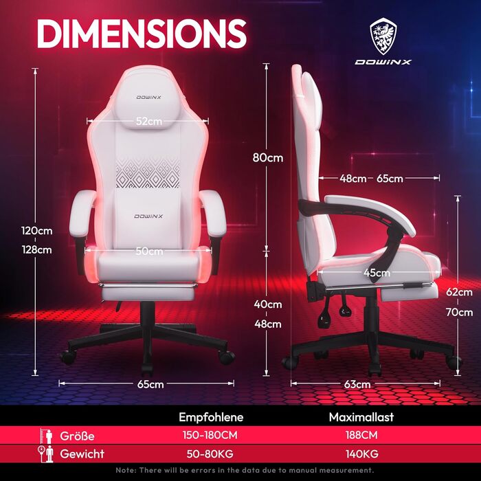 Ігровий крісло Dowinx з RGB підсвічуванням, LED, з підніжкою, для дорослих, ергономічний, з масажем попереку, з PU шкіри, білий