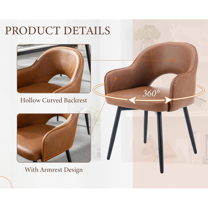 4 шт. крісла для їдальні з велюру, 360° обертання, кухонні крісла з підлокітниками, м'які бічні крісла для дому, офісу, вітальні (53*58*78 см, коричневі, шкірозамінник)