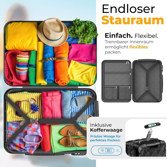 Набір валіз KESSER з 3-х предметів, ABS пластик, жорсткий корпус, з кодовим замком, вагами для багажу та дорожньою сумкою, колеса 360°, чорний