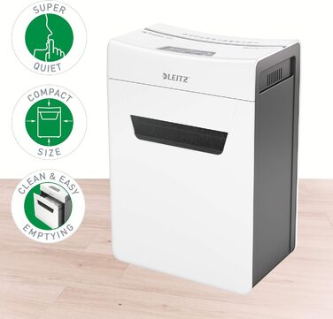 Leitz IQ 10X Premium Protect: Шредер для документів, партіковий зріз, 11-10 аркушів, тихий, компактний, сертифікований, 18л контейнер, для офісу та дому, білий