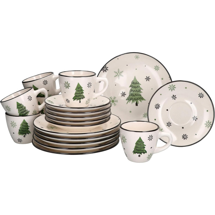 Кавовий сервіз MamboCat на 6 осіб з різдвяним декором (18 предметів) | Керамічний сервіз з прикрасами ялинки та сніжинок