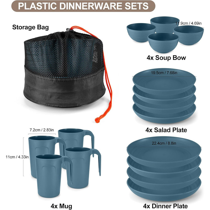 Набір посуду Odoland на 4 особи, 17 предметів: тарілки, миски, чашки (блакитний)