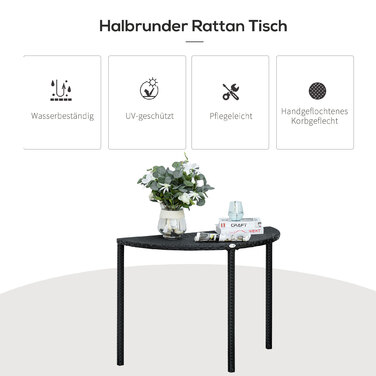 Столик для балкона/саду, приставний столик, садові меблі, напівкругла форма, поліротанг, металевий каркас, чорний колір, розміри 100 x 50 x 74 см