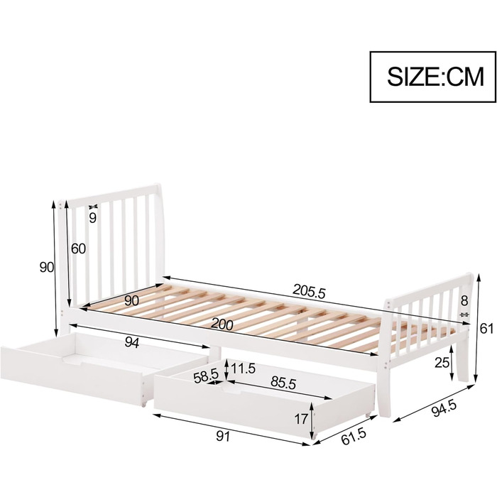 Дерев'яне ліжко Merax біле, каркас ліжка з масиву дерева з рейковою основою та ніжками, односпальне ліжко з узголів'ям і підніжкою, дитяче ліжко молодіжне ліжко ліжко з масиву дерева, місце для зберігання під ліжком (90 x 200 см, біле ліжко)