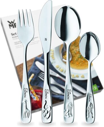 Дитячий набір столових приборів WMF Kinderbesteck з гравіюванням, нержавіюча сталь, 4 шт., придатний для миття в посудомийній машині, подарунок на хрещення, набір столових приборів для дітей від 3 років, з зображенням тварин