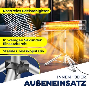 Інфрачервовий обігрівач KESSER® 2500W з пультом дистанційного керування та захисним чохлом, телескопічна стійка, для тераси, кварцовий нагрівач, срібний