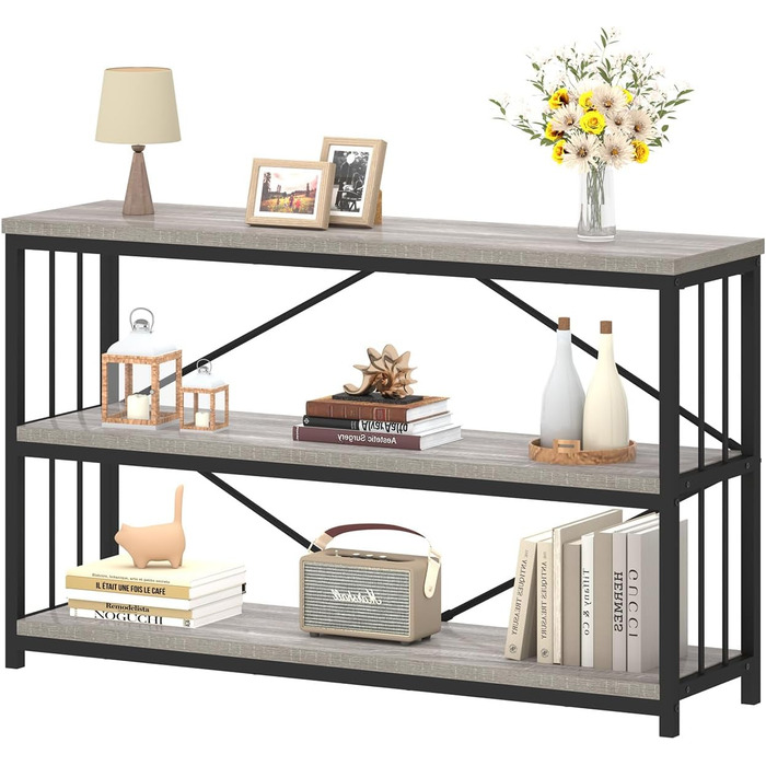 Металево-дерев'яна полиця IBF з 3 ярусами, індустріальний стиль, 120x34x74 см, сірий колір