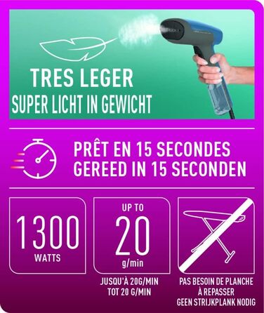 Відпарювач для одягу Calor Access Steam First DT6150C0: Швидкий нагрів, 1300 Вт, 20 г/хв, 70 мл, для дому