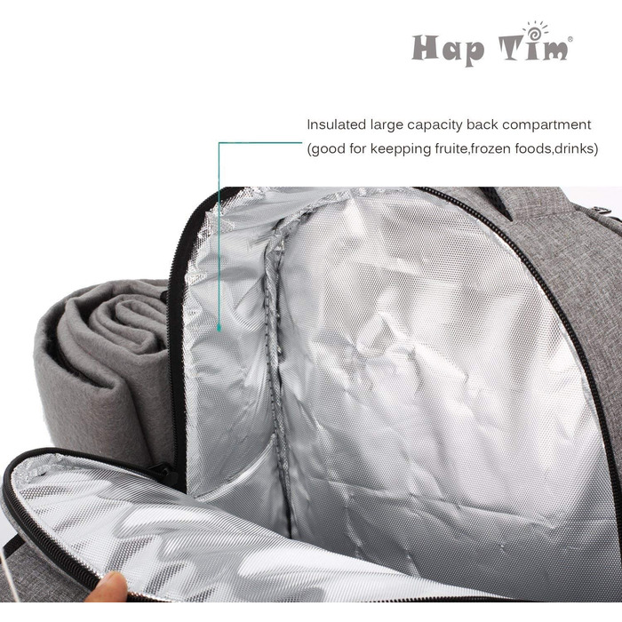 Рюкзак для пікніка Hap Tim на 4 особи з термокишенею, підставкою для пляшок/вина, флісовою ковдрою, тарілками та набором столових приборів. Ідеально для відпочинку на природі, спорту, походів, кемпінгу та грилів. (EU-3065, Сірий)